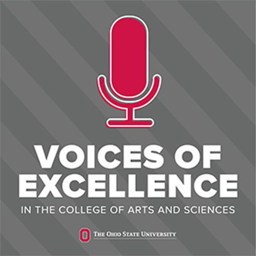 Podcast logo of a red microphone on a striped gray background