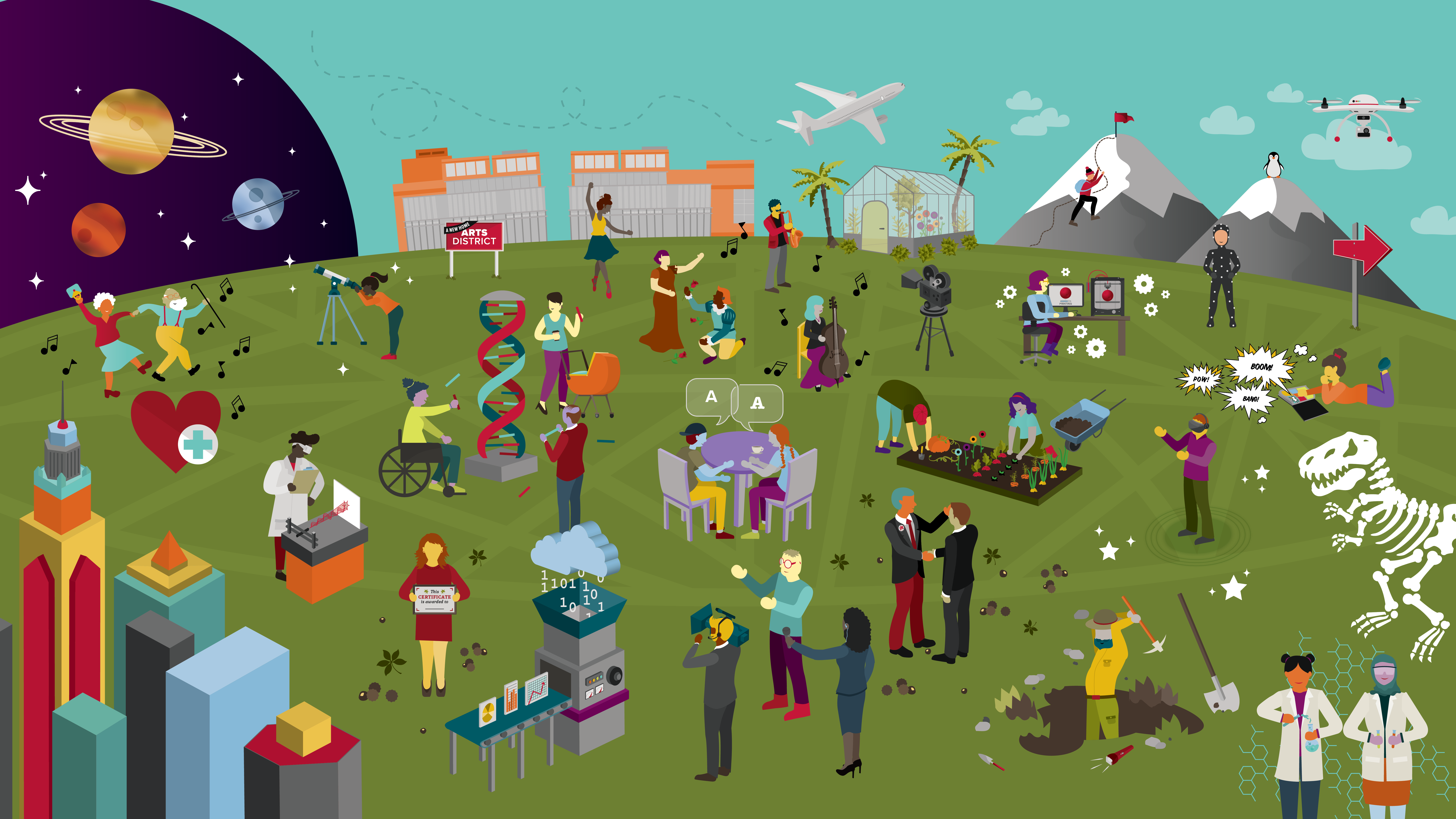 Illustrated graphic of people on The Oval doing arts and sciences related activities