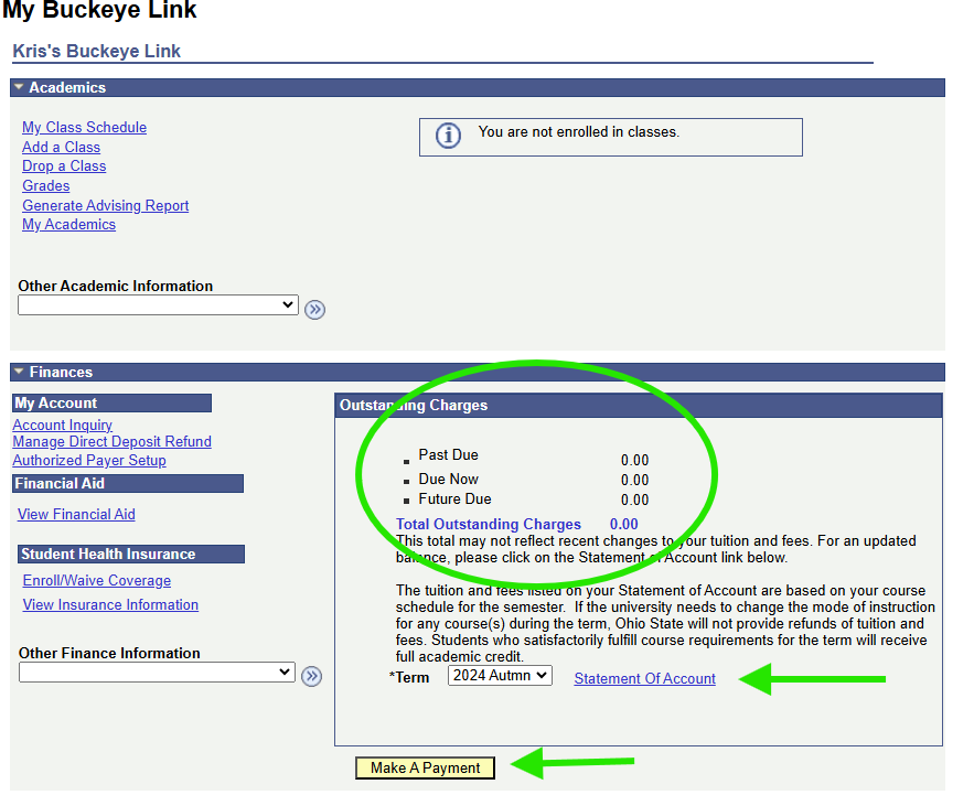 screenshot of a student's My Buckeye Link page with the account information highlighted.