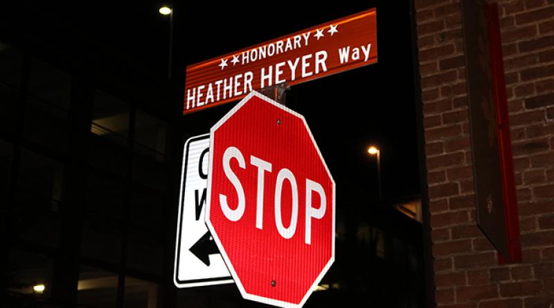 A street sign memorializing counterprotester Heather Heyer, who was murdered in Charlottesville, Virginia during the white supremacist Unite the Right rally in August 2017.