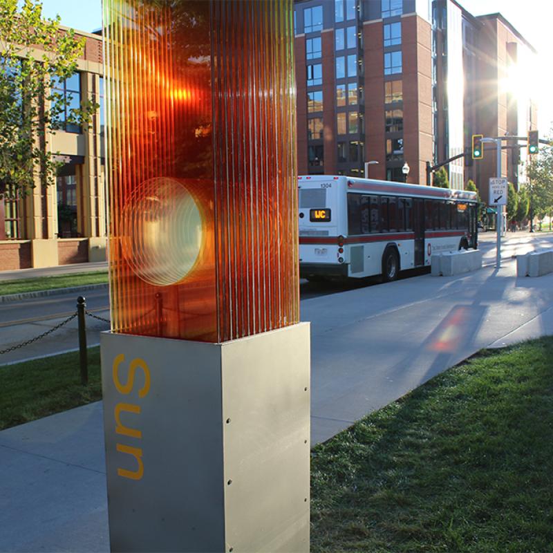 "The Solar System to Scale" comprises 10 mixed-media kiosks that begin with a “sun” kiosk on Woodruff Avenue outside of CBEC and end with a “Pluto and Beyond” kiosk near the Chadwick Arboretum Learning Gardens on West Campus. 