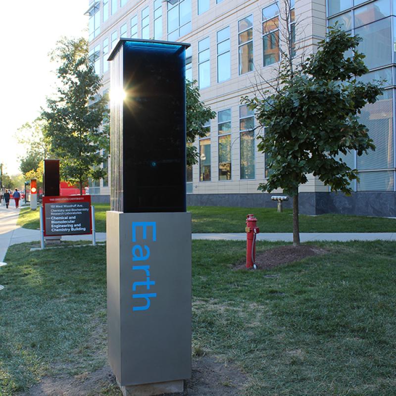  A new cosmic art installation on campus represents our solar system and bridges the arts and sciences in an astronomical way, thanks to a generous donation by Arts and Sciences alumni M. Andrew (Andy) '64 '67 and Sandra (Sandy) L. Ross '70.