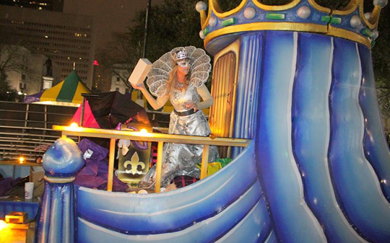 Karen Boudrie Greig in the New Orleans Mardi Gras parade as goddess of the Mystic Krewe of Nyx