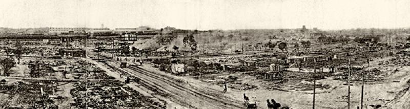 A panoramic view of the aftermath of the Tulsa Race Massacre