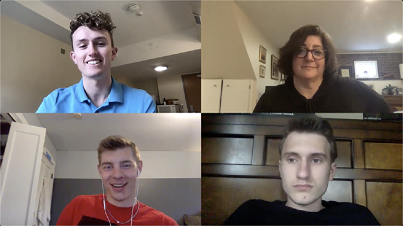 A screenshot from the virtual production of an episode of "Lantern Lites." Clockwise from top left: reporter Max Garrison, Associate Professor-Clinical Nicole Kraft, reporter Owen Milnes and Kevin Lapka.