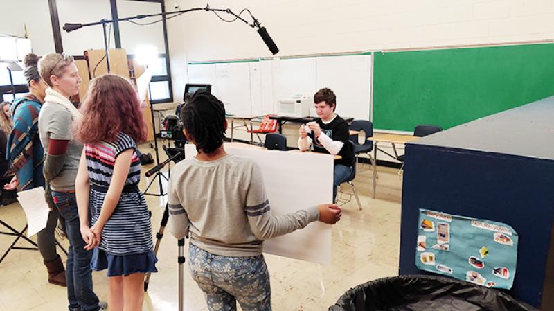 Nikki Swift, left, and Bridgeway Academy students film a scene.