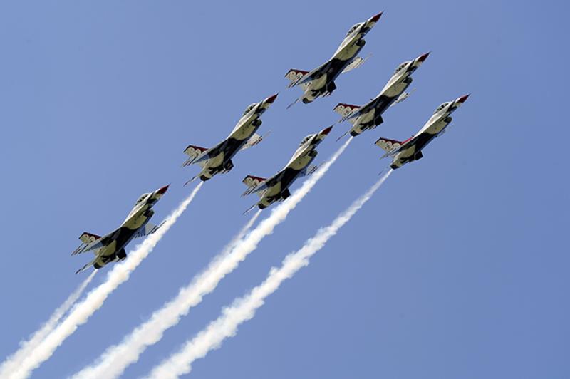 The six Thunderbirds fly in the delta formation. Photo credit U.S. Air Force.