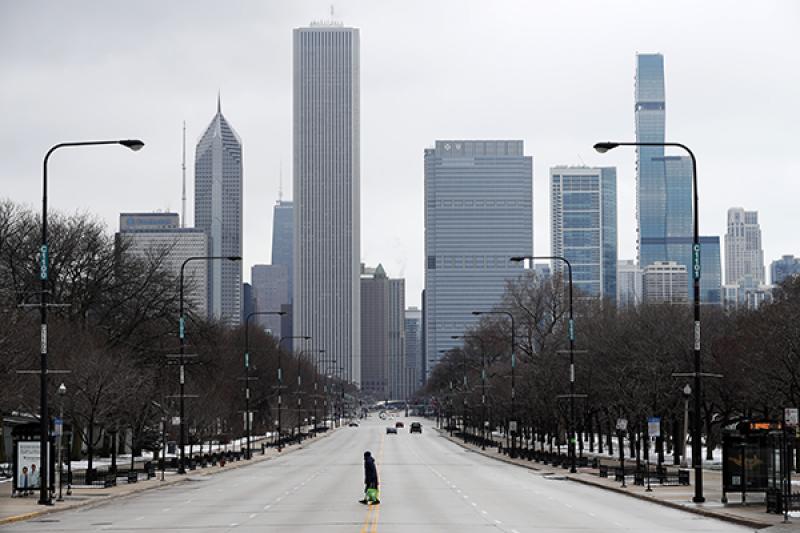 Desolate downtown Chicago during the early stages of the pandemic