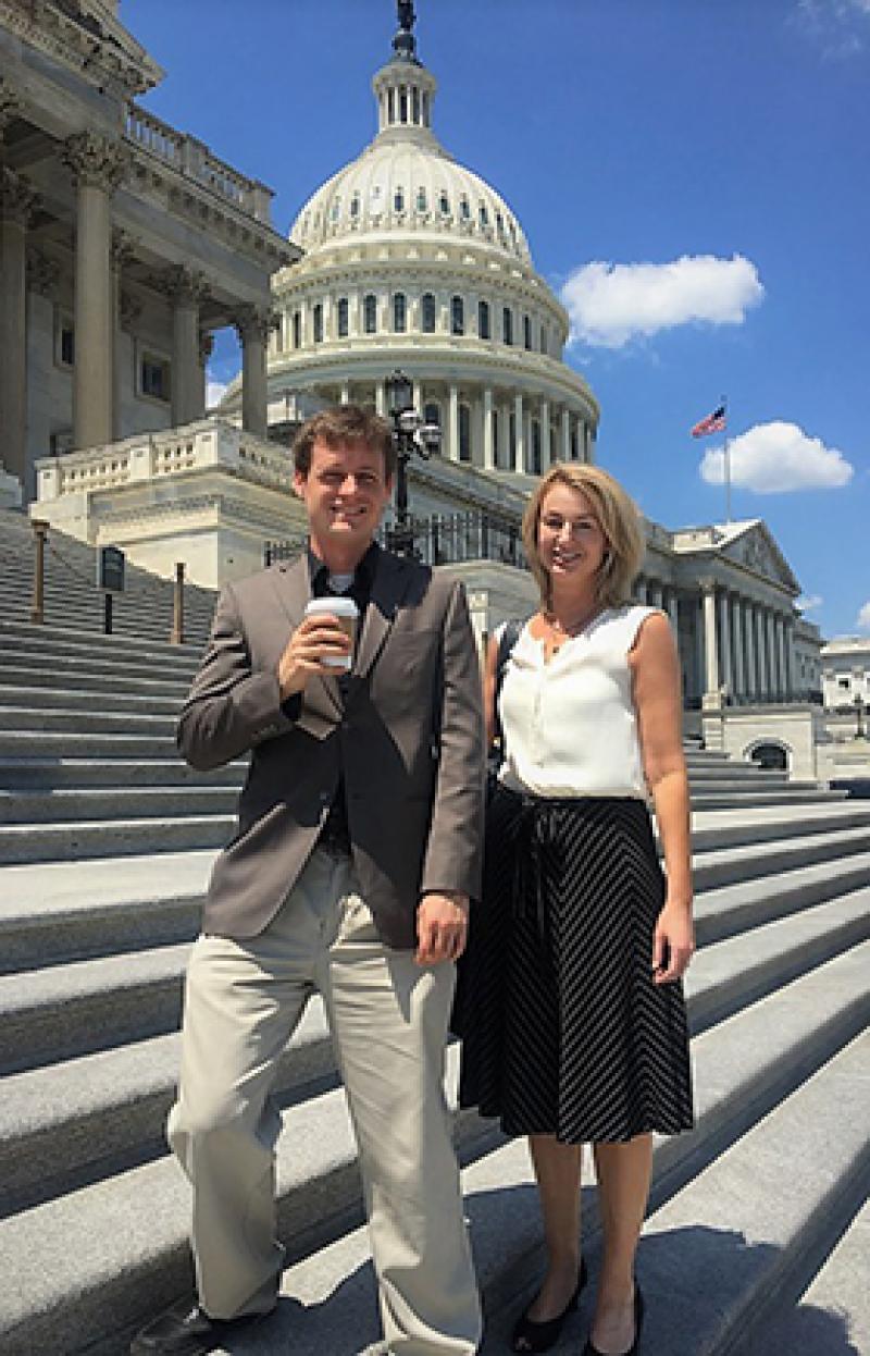 Scott Duxbury, PhD student in the Department of Sociology, and Dana Haynie, director of the Criminal Justice Research Center, in front of the U.S. Capitol.