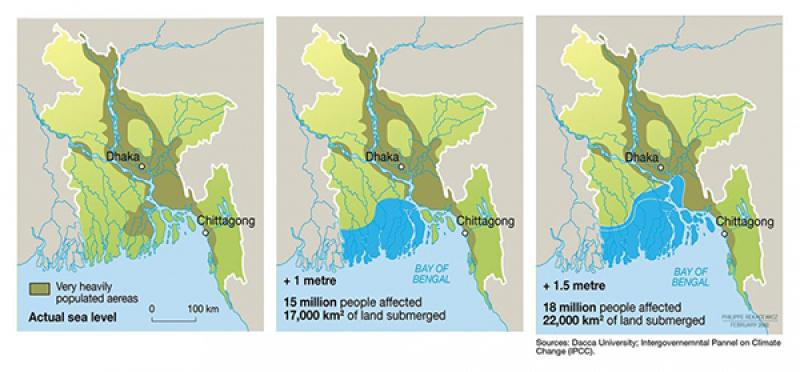 Visualization of varying degrees of sea level rise in Bangladesh