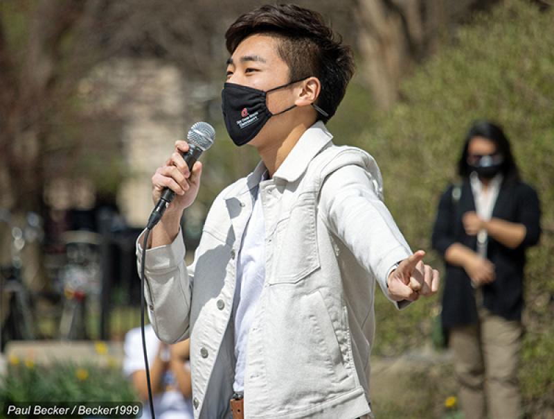 Jacob Chang, an undergraduate student majoring in political science and psychology, speaks at a rally at the Ohio Statehouse on March 27. Photo credit Paul Becker/Becker1999