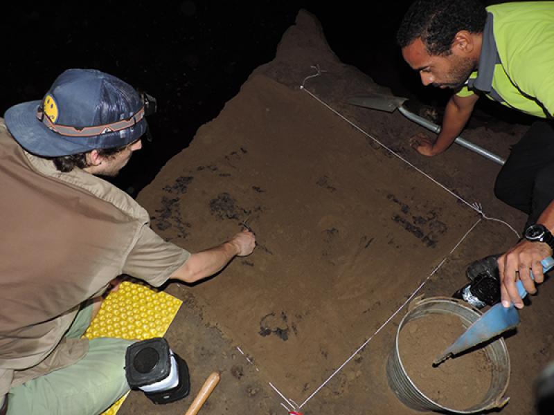 PhD student Kyle Riordan (left) works at Naihehe Cave in Fiji