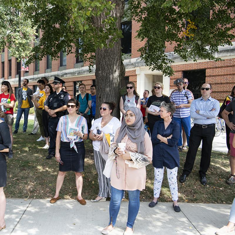Dozens of students, faculty and staff lined the area between Smith and McPherson laboratories to learn more about the sculpture and the artist.