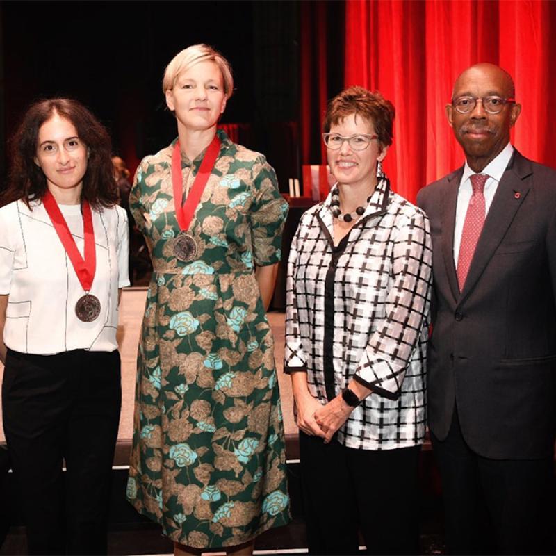 From left: Roy Lichtenstein Endowed Chair of Studio Art Carmen Winant, Roy Lichtenstein Endowed Chair of Art History Jody Patterson, Arts and Sciences Executive Dean and Vice Provost Gretchen Ritter and Ohio State President Michael V. Drake.