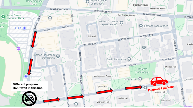 Map of campus with route to drop off near Hopkins Hall marked