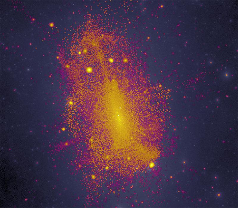 The Milky Way galaxy is surrounded by a halo of stars, as simulated in this image (courtesy Annika Peter, CCAPP).