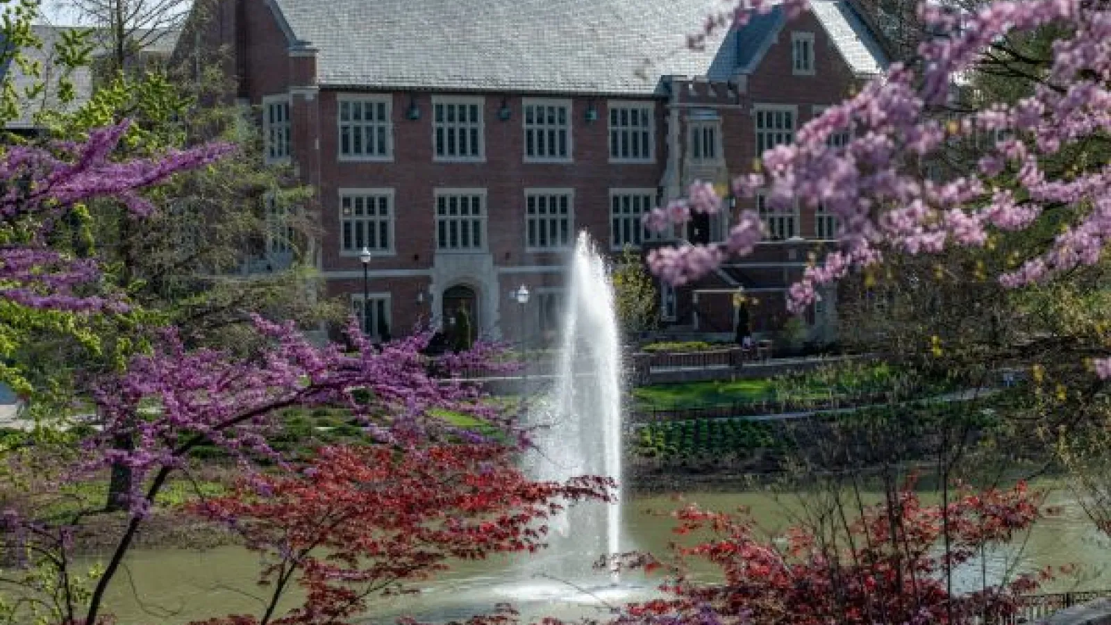 Pomerene Hall and Mirror Lake in spring