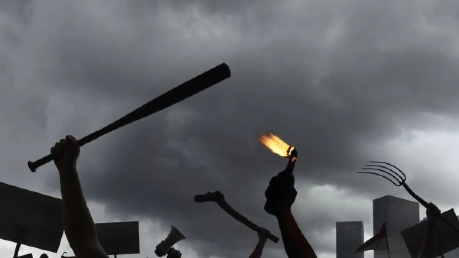 raised hands holding a baseball bat and a molotov cocktail