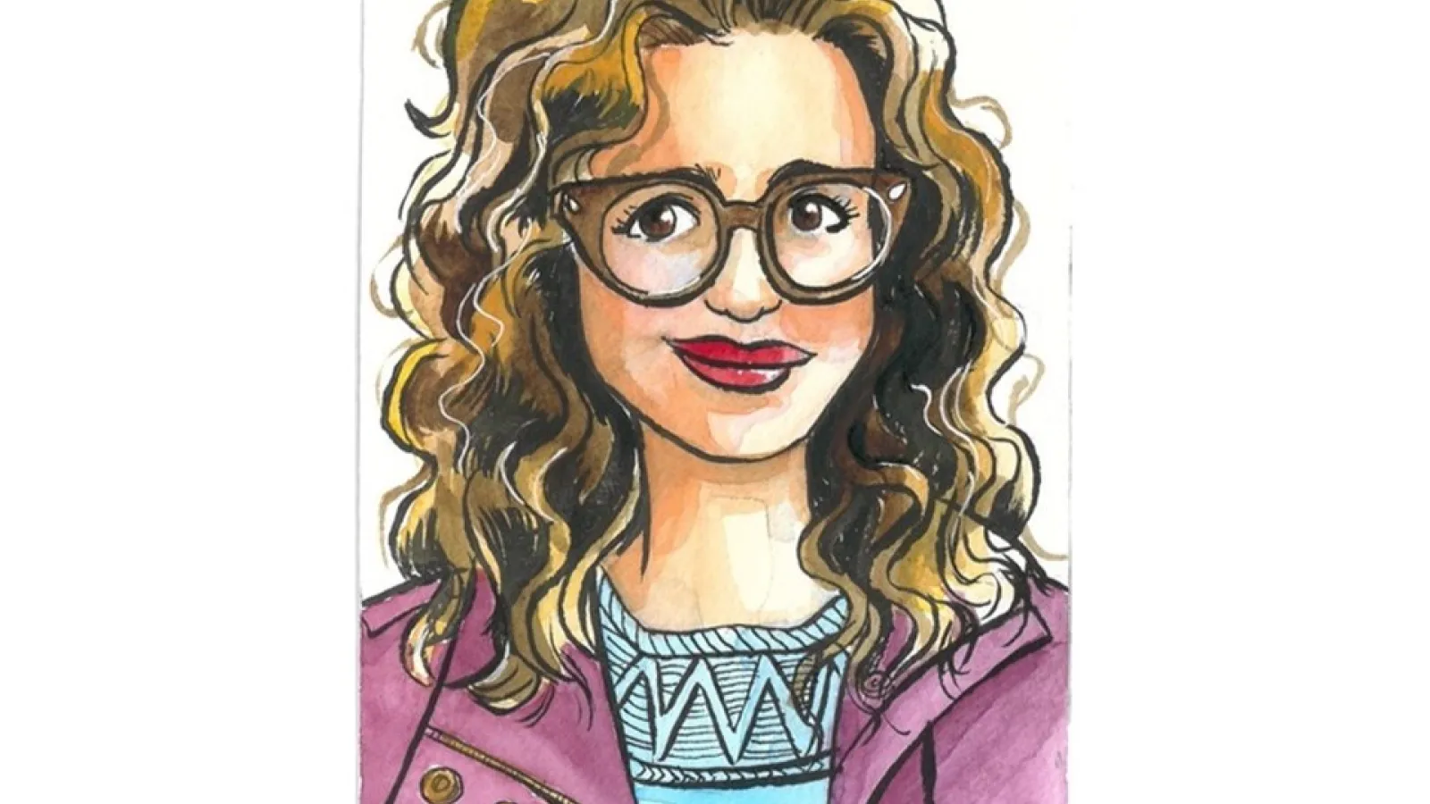 an illustration of a woman with curly hair wearing a pink jacket