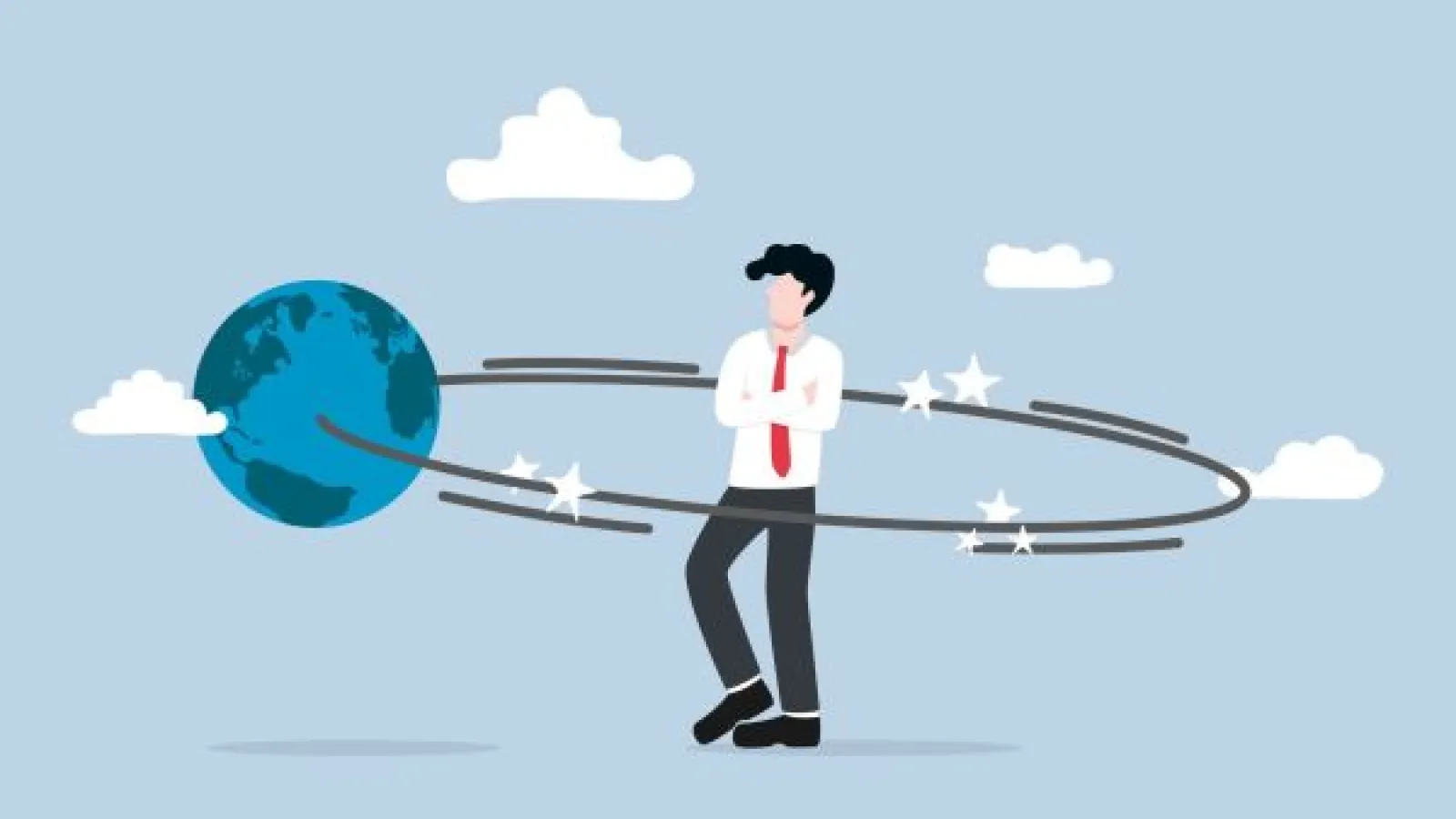 a cartoon of a man at the center of the earth's orbit