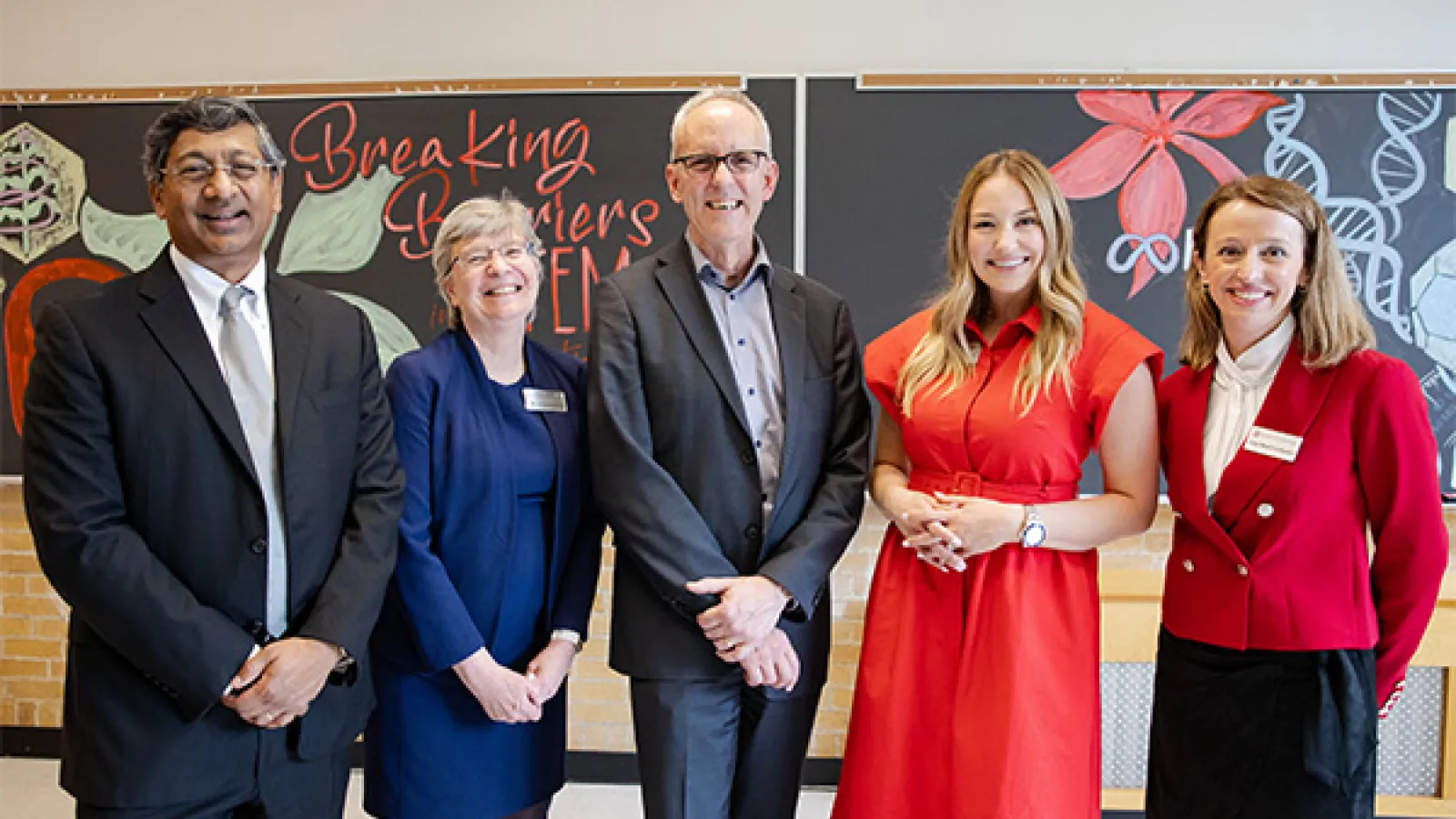 From left to right, photo of Provost Ravi V. Bellamkonda, Dean Susan Olesik, Dean David Horn, Amanda Miller, and Luiza Newlin-lukowicz