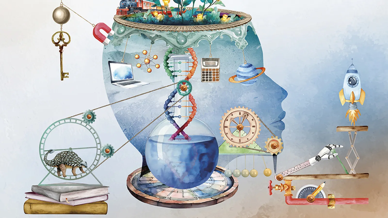 Illustration of head and scientific instruments