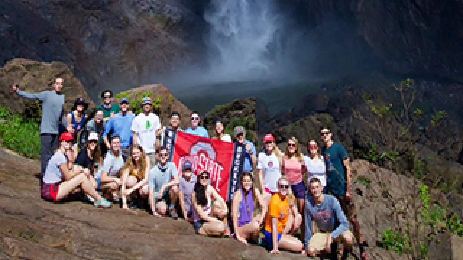 Buckeyes studying abroad in Australia pose for a group photo at Wallaman Falls. Image courtesy Hannah Goebel 