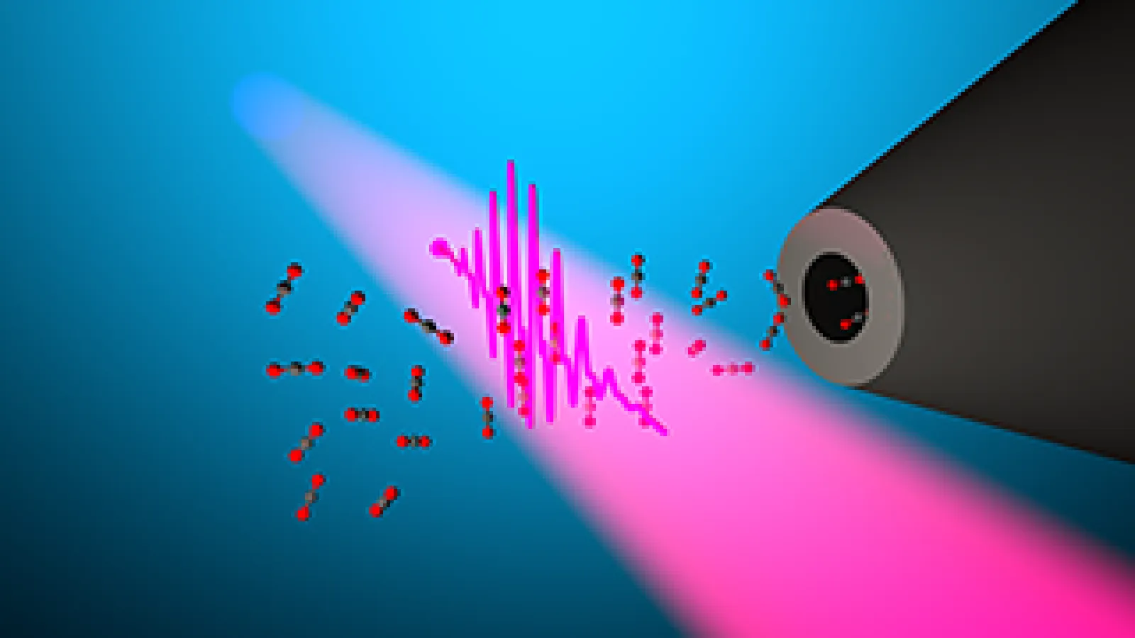 Artist's rendering of laser pulses interacting with impulsively aligned CO2 molecules from a gas jet.
