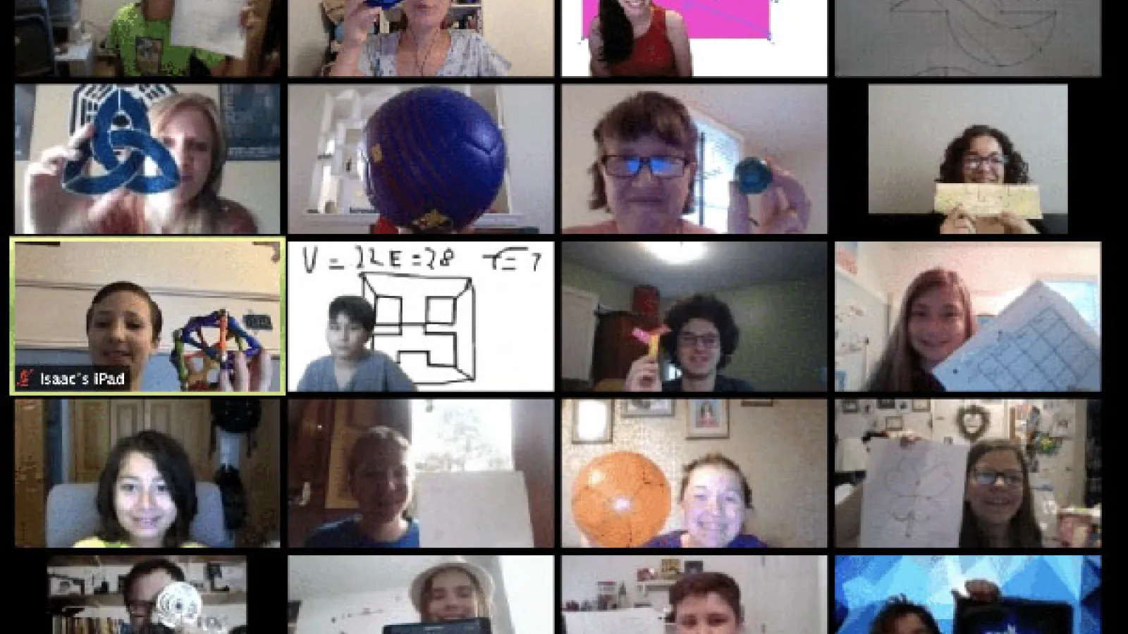 A Zoom gallery view of students learning a math activity