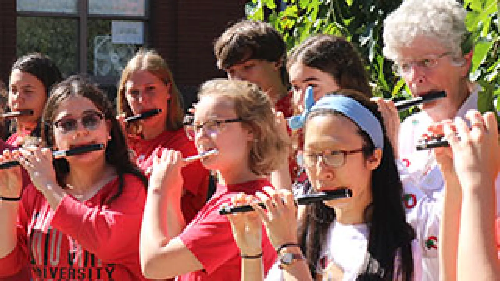 Members of Ohio State's Flute Troupe play piccolo