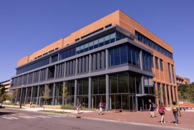 Theatre Film and Media Arts Building, a modern brick building with large windows