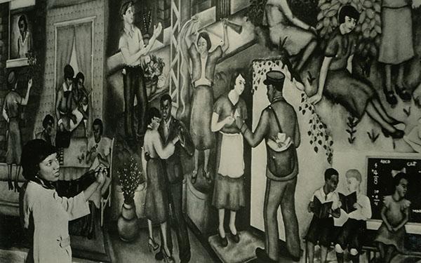 Art mural of Black and white people of all ages participating in recreational activities in Harlem