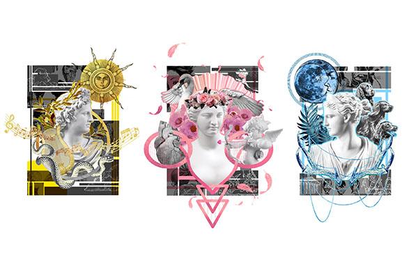 Digital art of Apollo, Aphrodite and Arte with a different color accent for each Greek god
