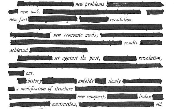 A page from a book with many words omitted with a black marker