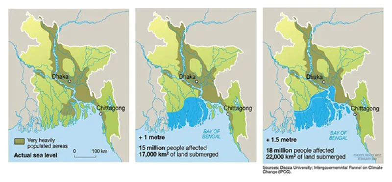 Visualization of varying degrees of sea level rise in Bangladesh