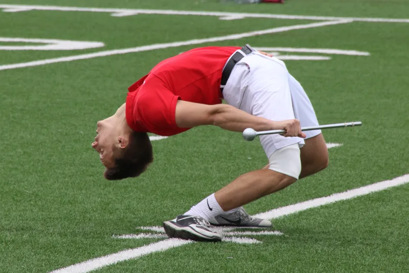 photo of drum major John LaVange performing backbend at 2017 drum major tryouts