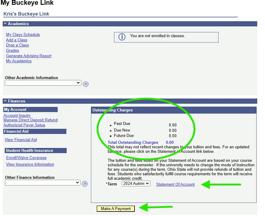 screenshot of a student's My Buckeye Link page with the account information highlighted.