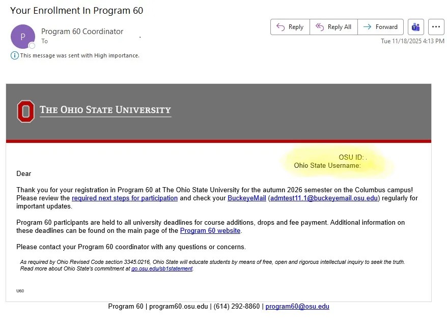 screenshot of an email sent after acceptance into Program 60