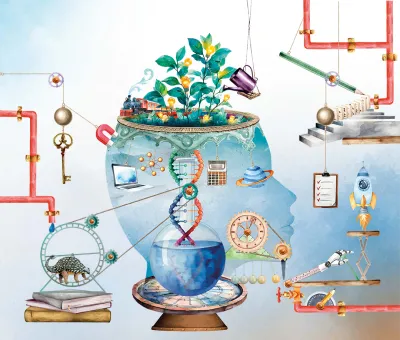 Illustration of head and scientific instruments