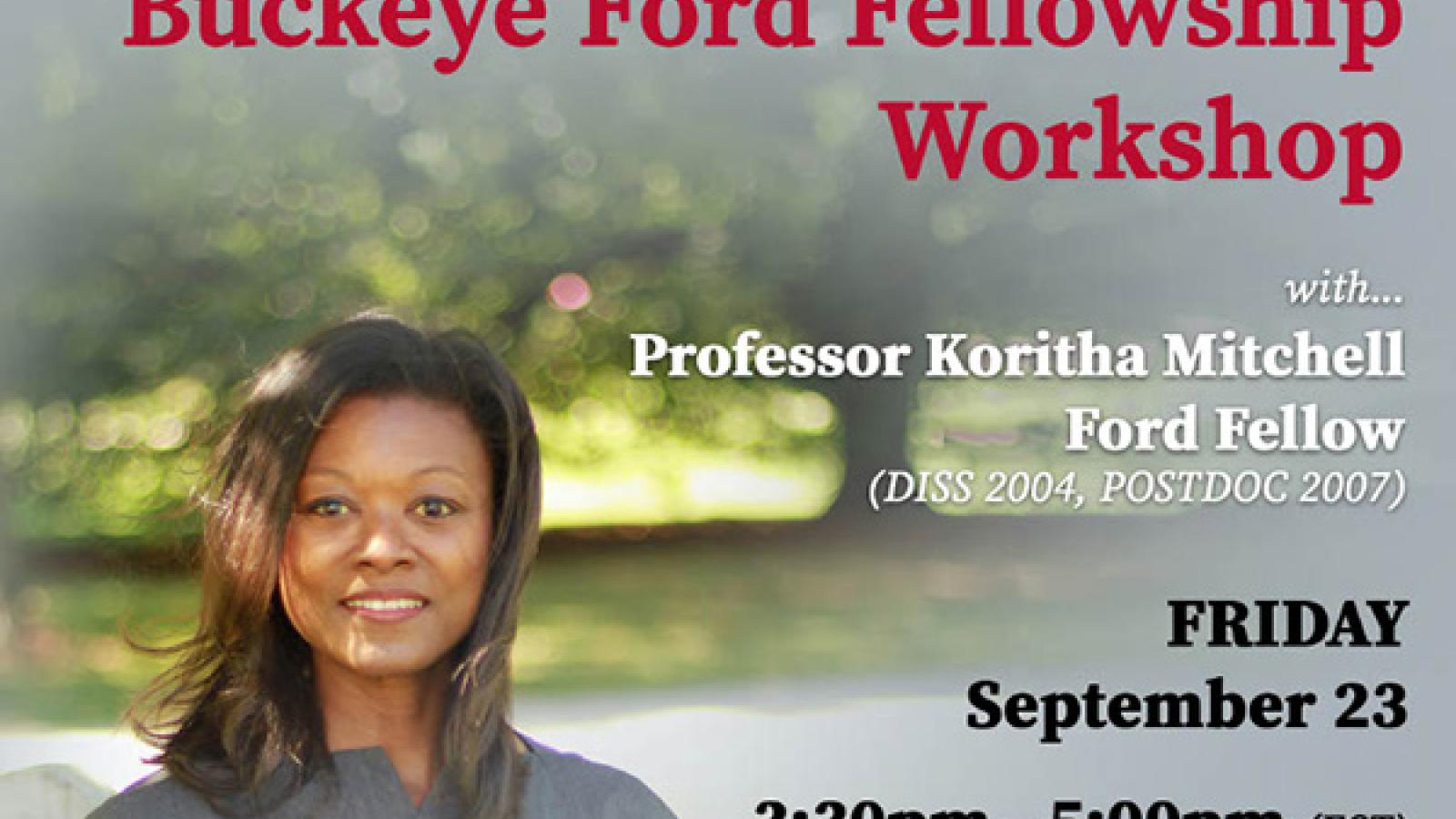 Buckeye Ford Fellowship Workshop information with a headshot of Koritha Mitchell
