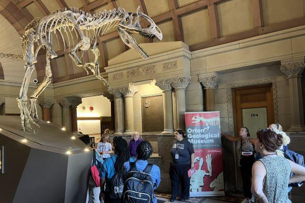 A tour of Orton Museum views the dinosaur skeleton