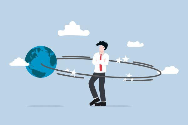 a cartoon of a man at the center of the earth's orbit