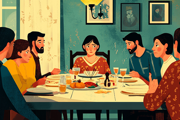 Illustration of a woman looking concerned at the head of the table of a crowded family meal.