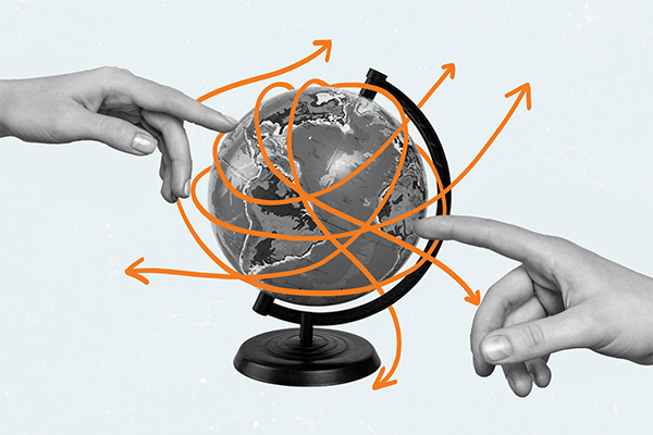 A collage of fingers pointing to a globe with arrows across continents.