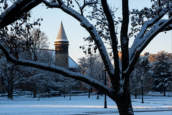 Orton Hall covered in snow