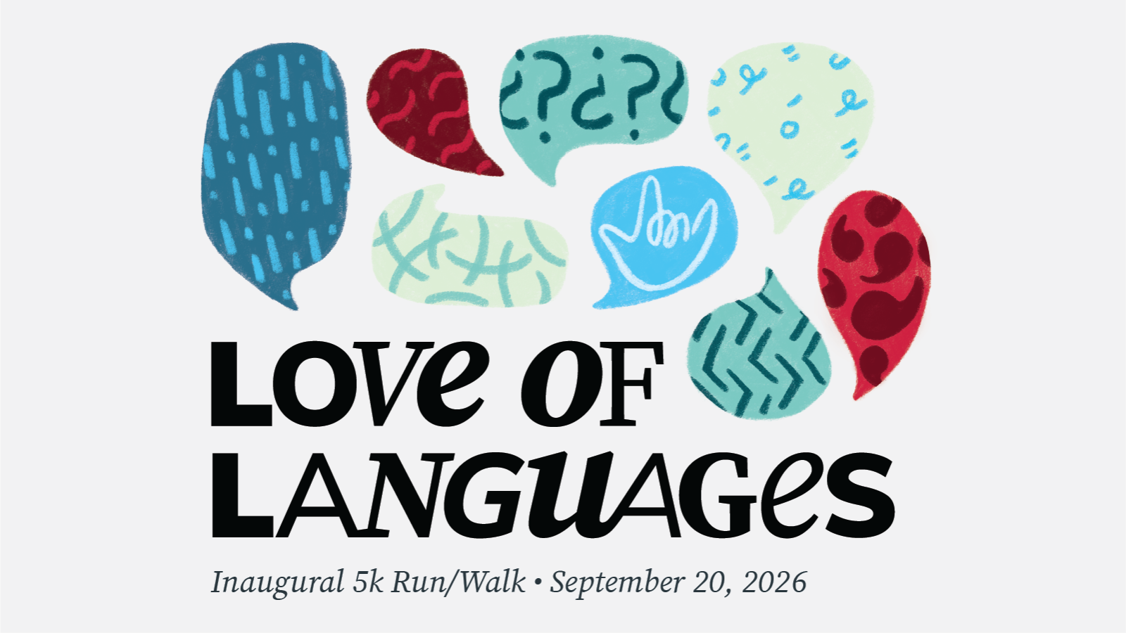 Love of Languages 5k graphic with speech bubbles