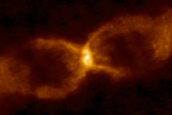 CK Vulpeculae, an hourglass-shaped cloud that formed after a brown dwarf and a white dwarf collided in 1670. Image courtesy ALMA (ESO/NAOJ/NRAO)/S. P. S. Eyres