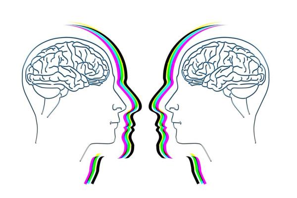 Illustration of two people's profiles with brains