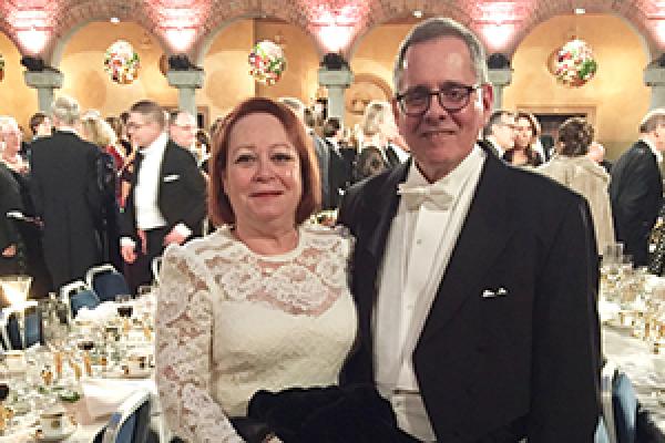 Louis DiMauro, Edward E. and Sylvia Hagenlocker Chair and Professor of Physics, and his wife, Barbara DiMauro (left), at the 2018 Nobel Prize Banquet in Stockholm, Sweden. 