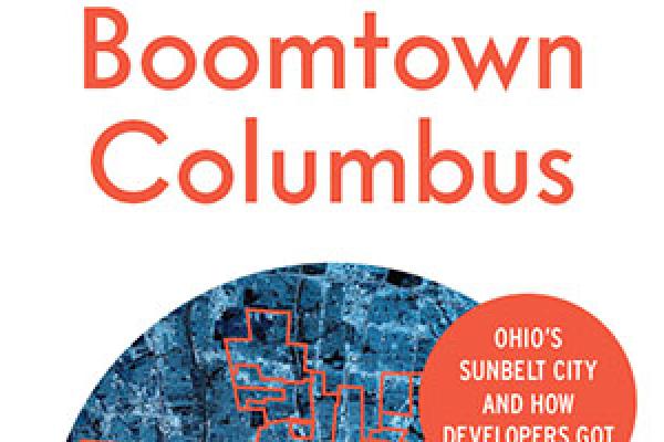 Boomtown Columbus book cover, showing a circular blue-tinted map of Columbus